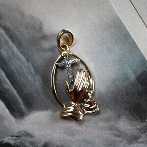 Diamond Cross and Praying Hands Pendant Charm by Banter 14K GP Over Sterling